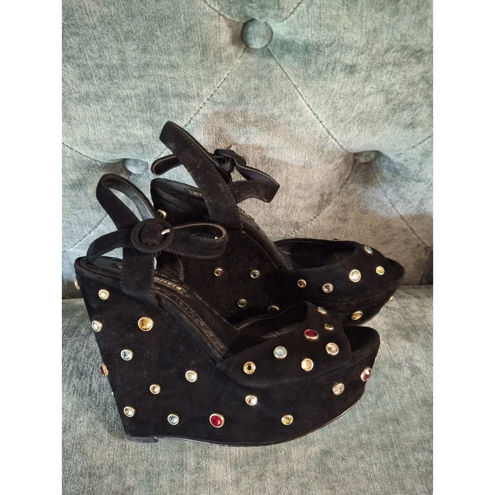 Alice + Olivia Black Suede Leather Platform Wedge Sandals Jewel Embellished 37.5